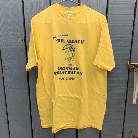 Dr. Beach Ironman Triathalon May 2 1987 Vintage 80s Yellow Graphic Shirt Size L - Picture 2 of 3